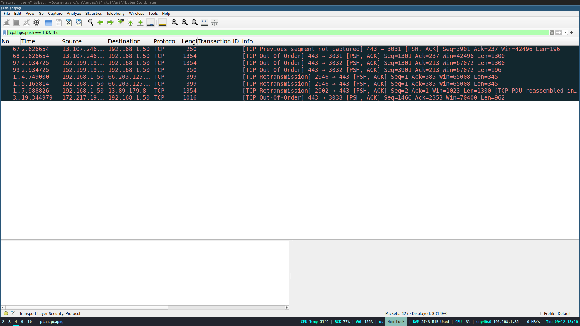 wireshark screen of tcp retransmissions