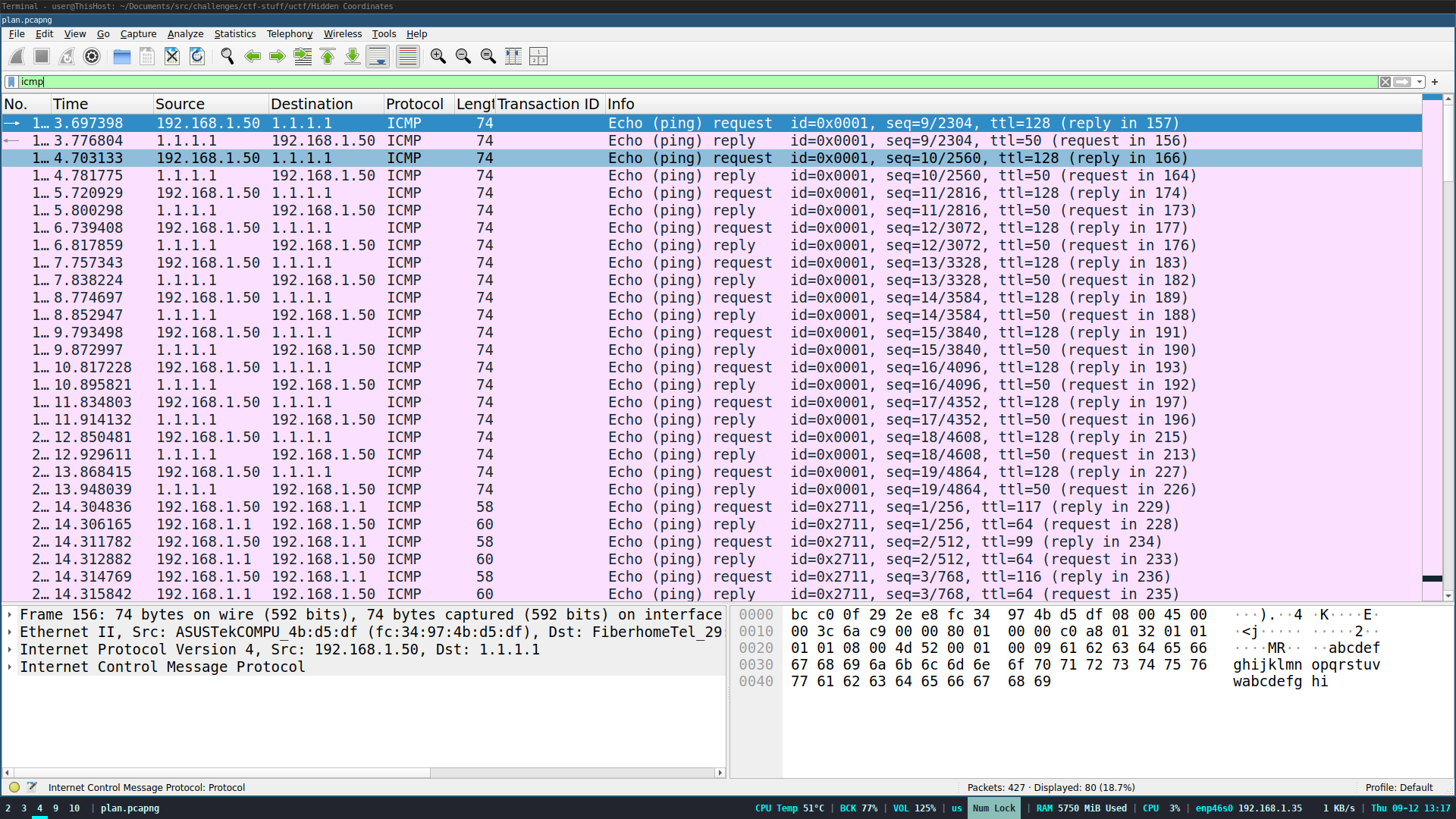 wireshark screen of icmp PDUs