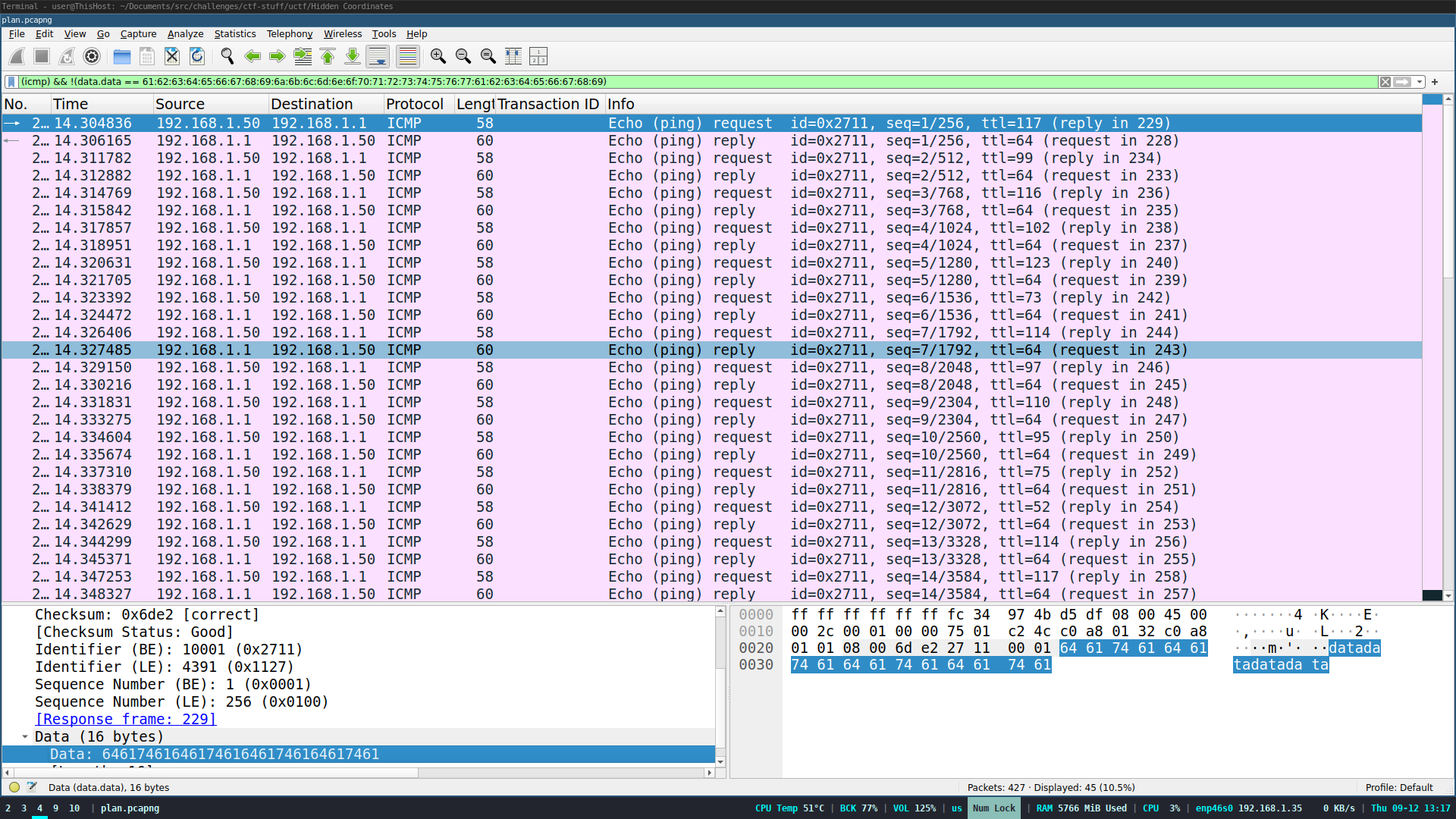wireshark screen of icmp PDUs